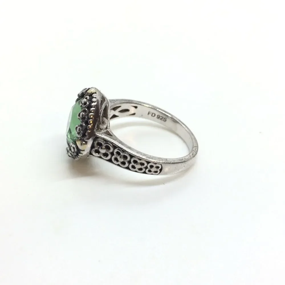 STERLING SILVER RING Green Glass Filigree Statement Ring Sz 7.25